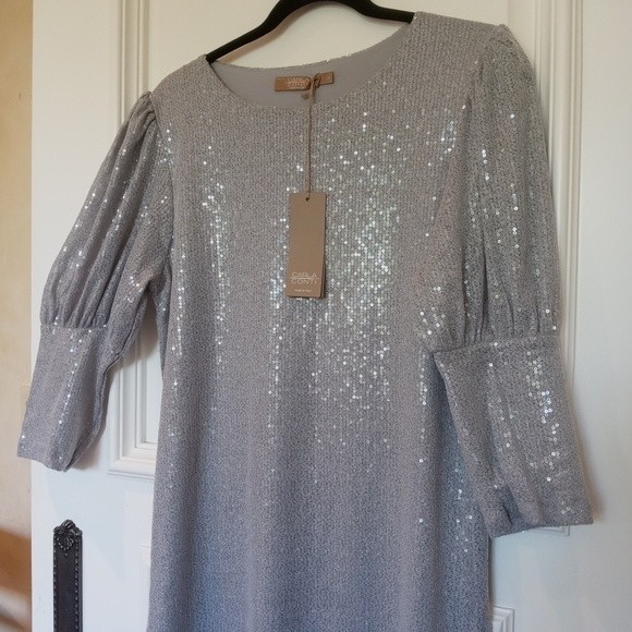 NWT Carla Conti Silver Sequin Balloon Sleeve Sheath dress L - Picture 6 of 10